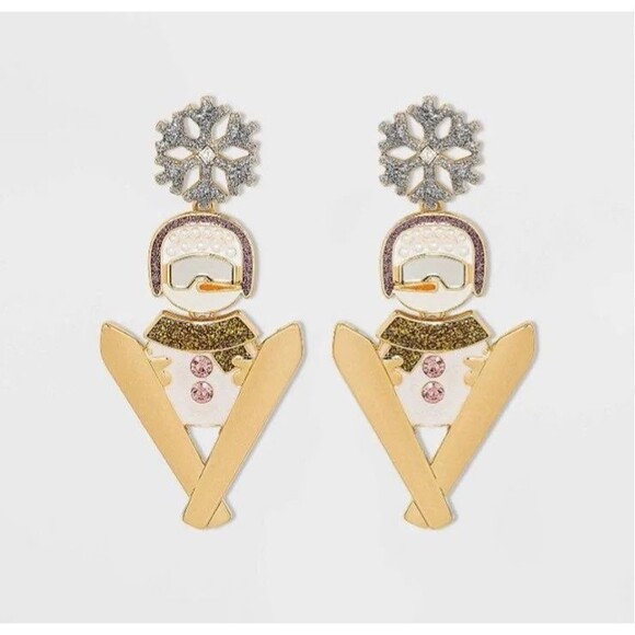 SUGARFIX by BaubleBar Skiing Snowmen Drop Earrings NWT Christmas Festive Holiday - Picture 3 of 4
